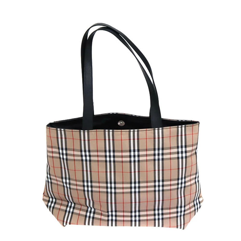 Burberry leather tote black bag check canvas beige